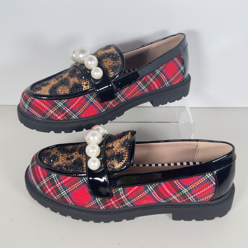Betsey Johnson Harlo Loafers Red Plaid Leopard Pearl Rhinestone Lug Sole 4M W5.5